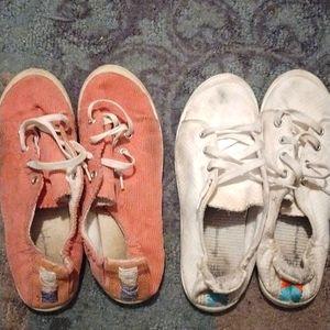 two pair of easy on sneaker shoes time and true brand size 9 pink and white